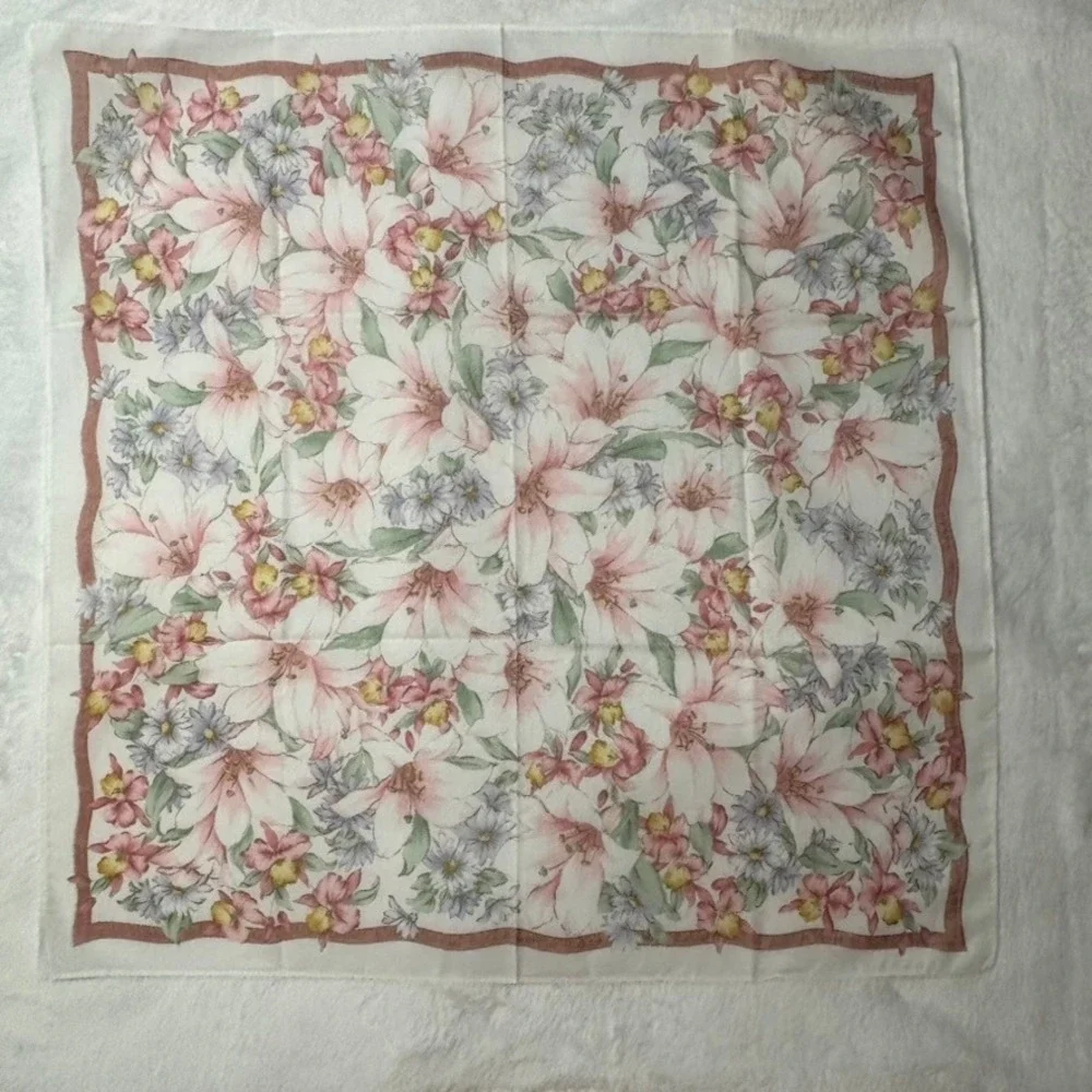 Vtg RUDOLPH VALENTINO Scarf Handkerchief Floral Lily Orchid Pink 17
